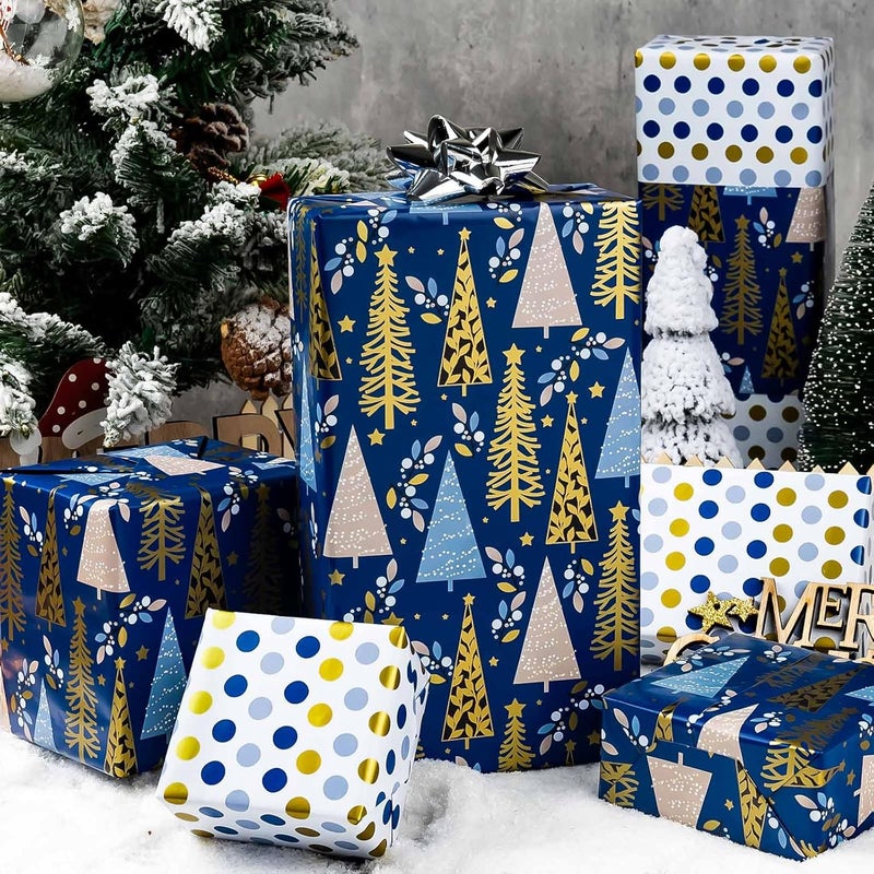 Yarcony Reversible Christmas Wrapping Paper, Blue Wrapping Paper for Men, Modern Navy Blue Christmas Tree, Polka Dot Theme Holiday Gift Wrap for Party, Celebrations (Mini Roll, 17 Inch X 33 Feet) - Image 5